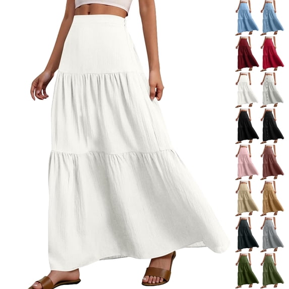 Lenago Women's Skirts Solid Color Casual Elastic High Waist Ruffled Ankle Length Skirts for Women