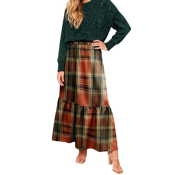Women Skirts Plaid Ruffled Maxi Skirt Holiday High Waist Long Skirt Ladies Versatile Pleated Skirt