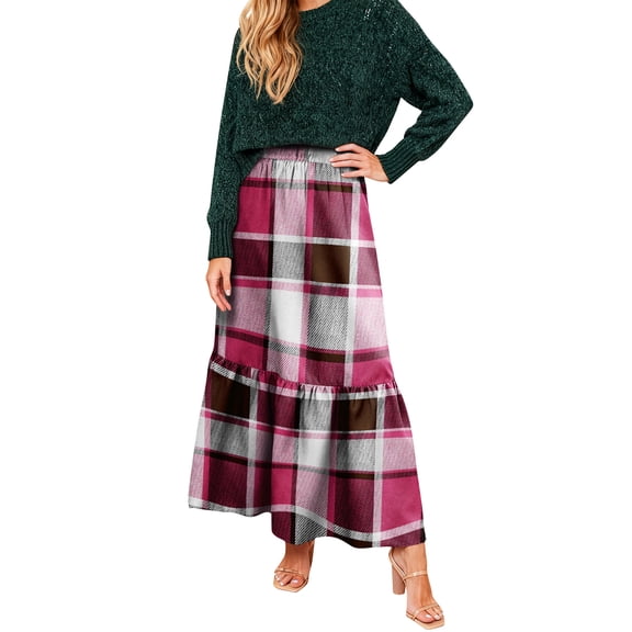 Women Skirts Plaid Ruffled Maxi Skirt Holiday High Waist Long Skirt Ladies Versatile Pleated Skirt