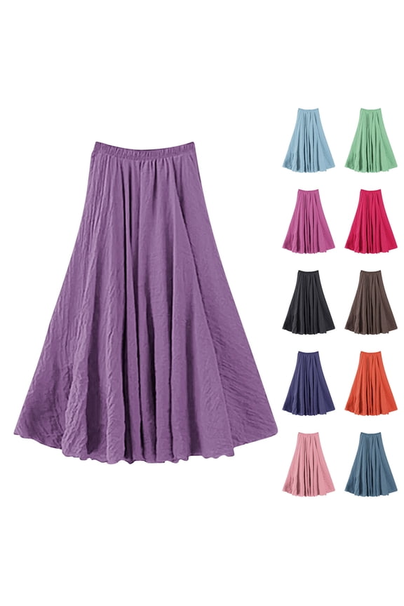 Women Skirts Solid Color Elastic Waist Flowy Maxi Skirt Summer Casual A-Line Flared Ankle Skirts