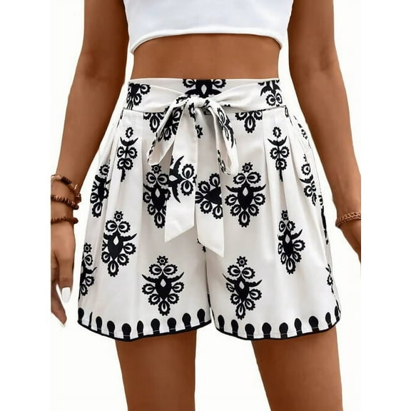 Women Skort 2025 Casual Summer Flowy Mini SkortKnot Side Elastic Waist Bodycon Print Skort White S