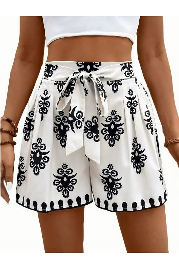 Women Skort 2025 Casual Summer Flowy Mini SkortKnot Side Elastic Waist Bodycon Print Skort White S