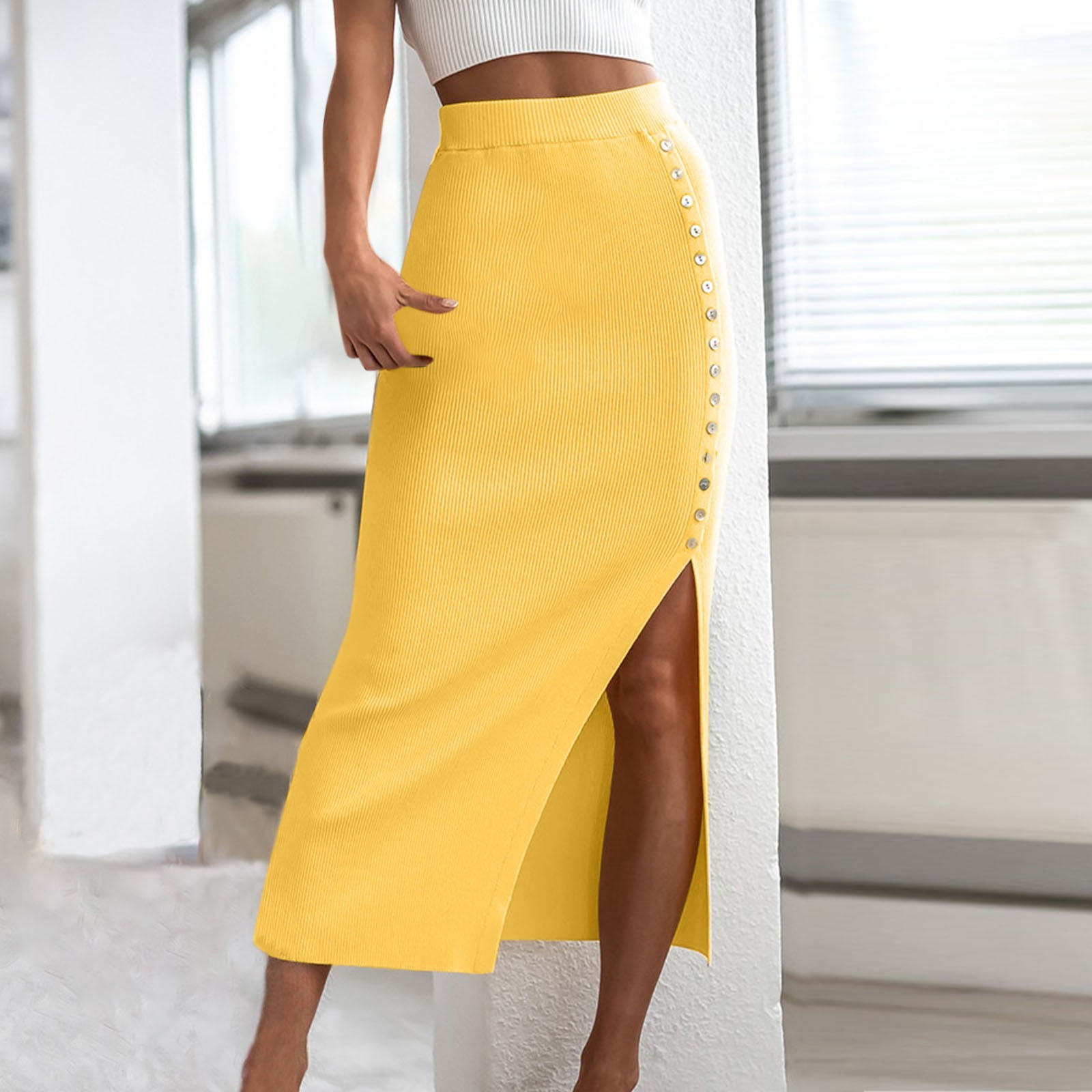 Women Long Skirts For Women s Ribbed Slim Black Tight Side Slit