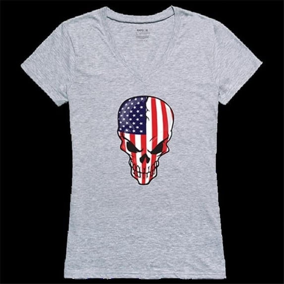 Women Skull Flag Graphic Short Sleeve V-Neck T-Shirt, Heather Grey - Medium