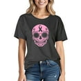 thumbnail image 1 of Women Skull Pink Ribbon Calavera Breast Cancer Short Sleeve T-Shirt Funky Cancer Awareness Gifts Tee Tops, 1 of 3