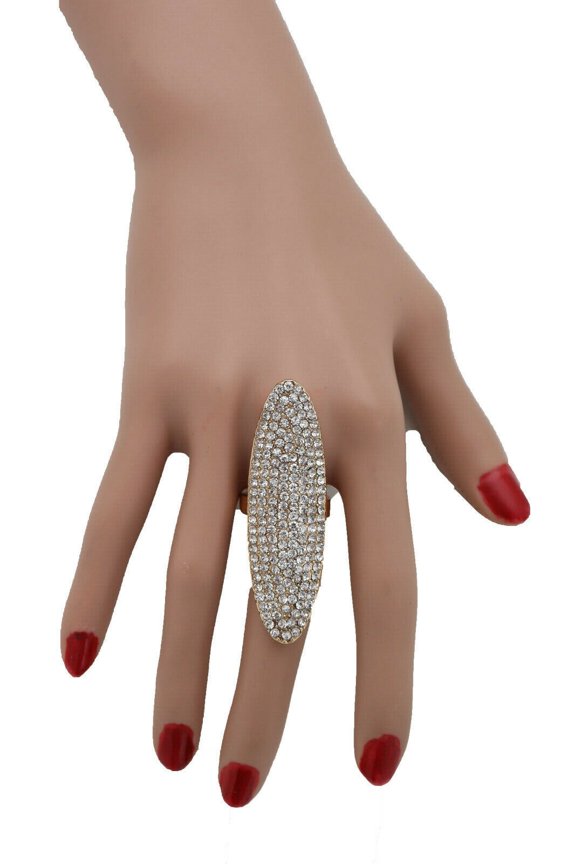 Women Sleek Fashion Jewely Ring Long Gold Metal Oval Shape Silver Flirty Size 8