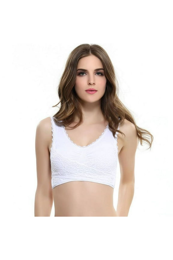 Women Sleep Bra Front Cross Side Buckle Gathered Lace High Elastic Wire Free Bra Shockproof Sleep Underwear White XL