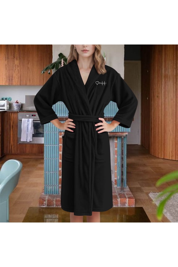 Women Sleep Robes Flannel Hooded V Neck Heart Graphic Print Thic Fleece Thermal Comfy Long Pajamas With Belt (L, Black-B)