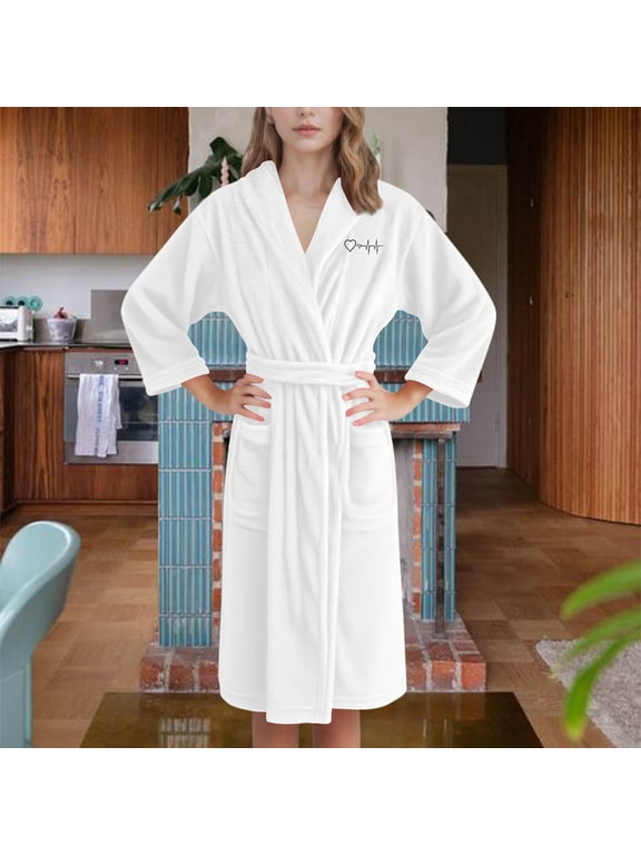 Women Sleep Robes Flannel Hooded V Neck Heart Graphic Print Thic Fleece Thermal Comfy Long Pajamas With Belt (L, White-B)