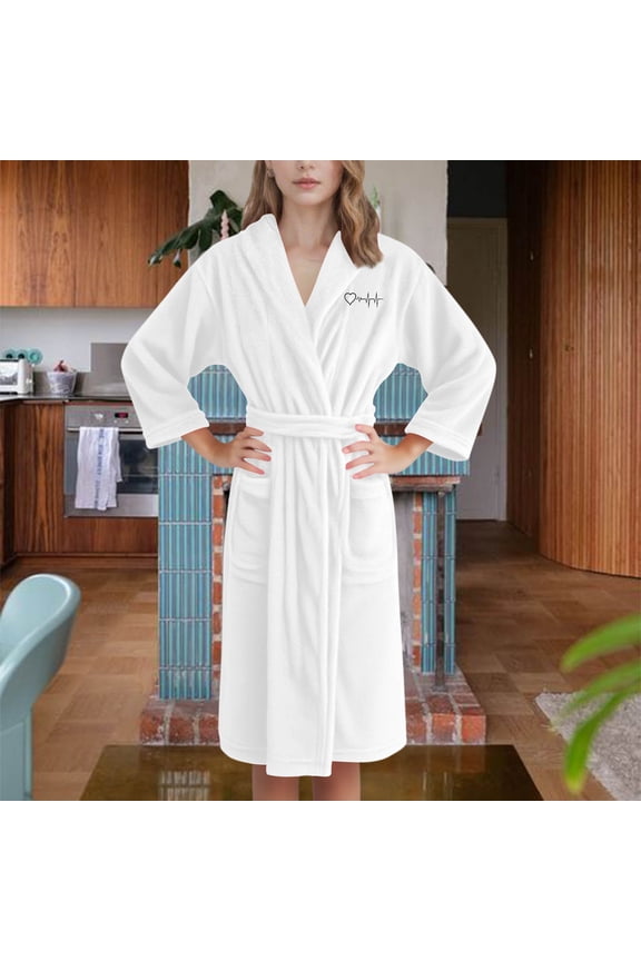 Women Sleep Robes Flannel Hooded V Neck Heart Graphic Print Thic Fleece Thermal Comfy Long Pajamas With Belt (L, White-B)
