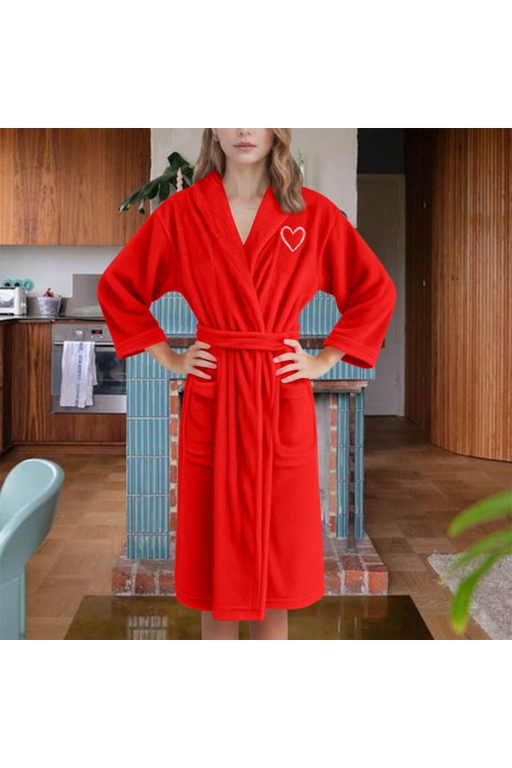Women Sleep Robes Flannel Hooded V Neck Heart Graphic Print Thic Fleece Thermal Comfy Long Pajamas With Belt (M, Red-A)