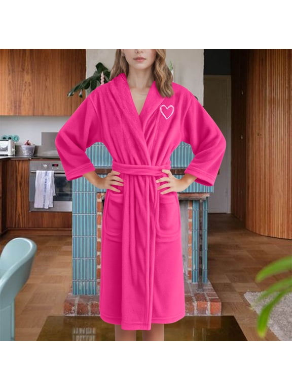 Women Sleep Robes Flannel Hooded V Neck Heart Graphic Print Thic Fleece Thermal Comfy Long Pajamas With Belt (XL, Hot Pink-A)
