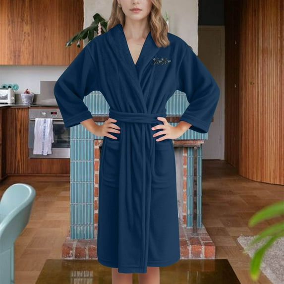 Women Sleep Robes Flannel Hooded V Neck Heart Graphic Print Thic Fleece Thermal Comfy Long Pajamas With Belt (XL, Navy)