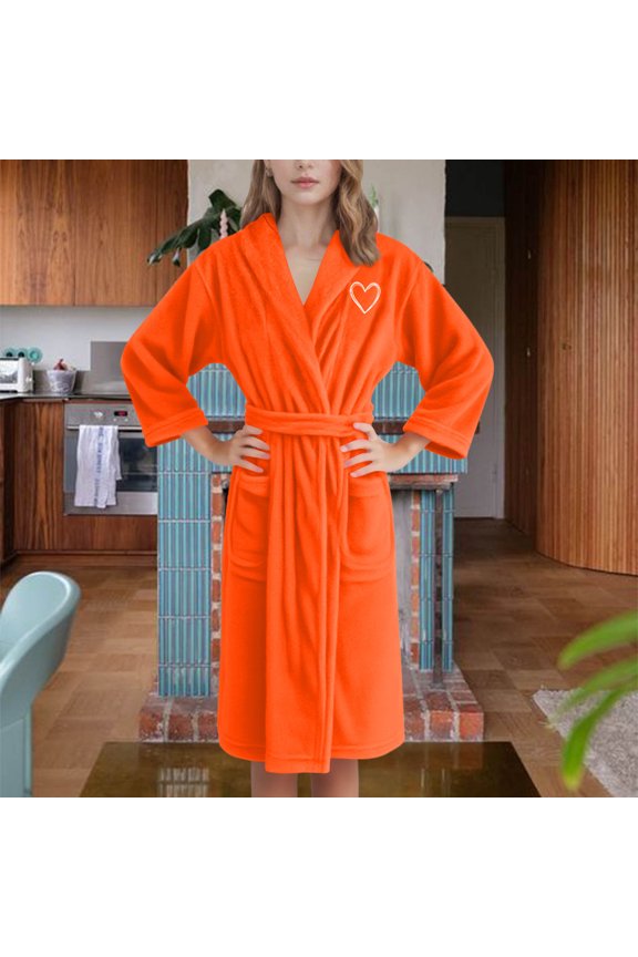 Women Sleep Robes Flannel Hooded V Neck Heart Graphic Print Thic Fleece Thermal Comfy Long Pajamas With Belt (XL, Orange-A)