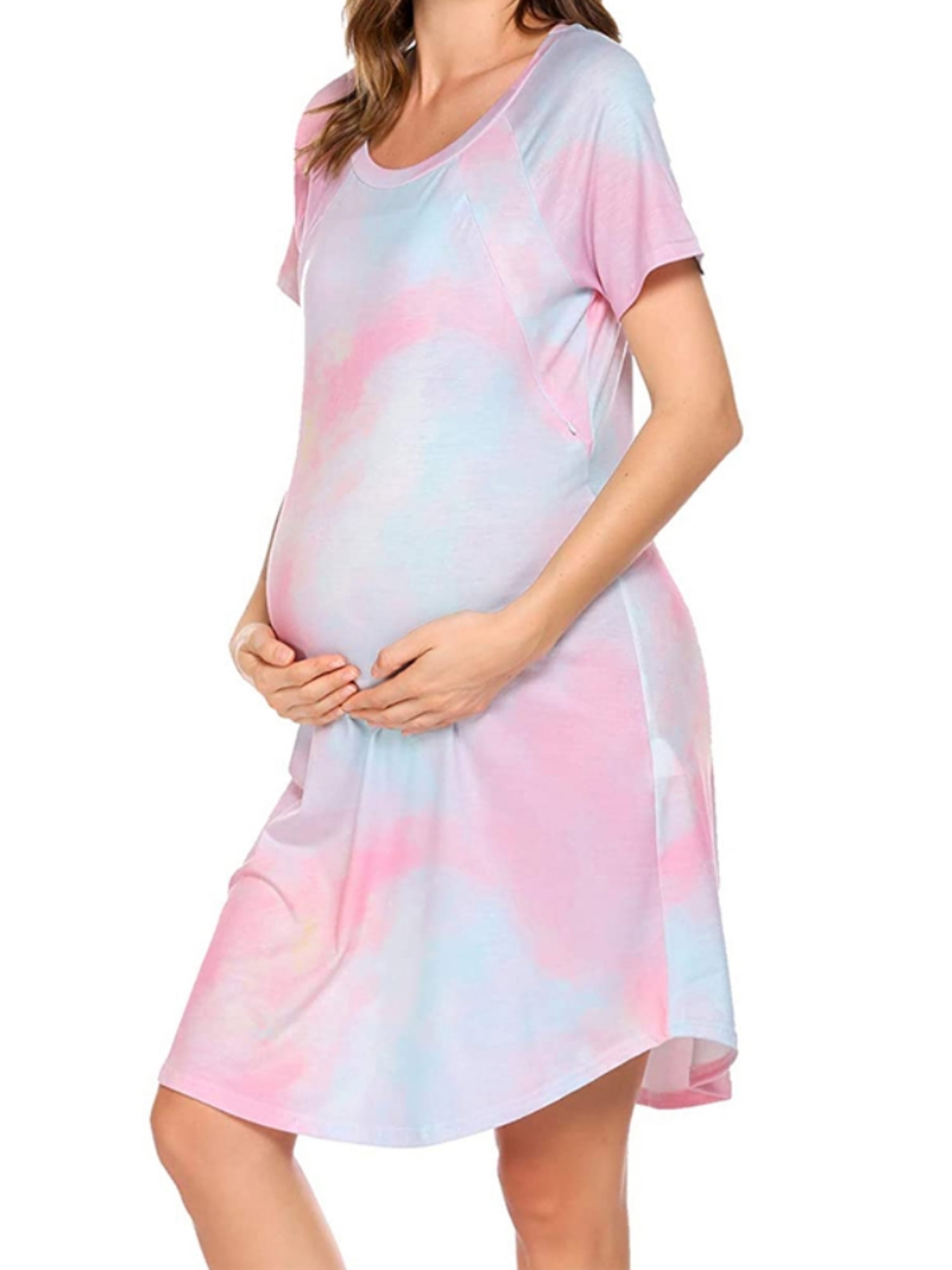 Women Sleepshirts 3 in 1 Labor/Maternity/Nursing Nightgown Short Sleeve Tie  Dye Dress,Invisible Side Open Breastfeeding Nightgown Hospital  Gown,Irregular Full Slip Knee Length Sleepdress,S-2XL Pink 
