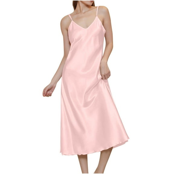 Women Sleepwear New Full Slip Silk Satin Long Sleep Dress for Women Sleeveless V Neck Lightweight Nightgown Soft Comfy Loungewear Pinky L