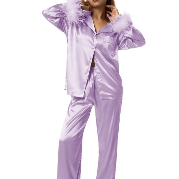 Women Sleepwear Pajamas Set Long Sleeve Tie-Up Button-Down Lapel Collar Tops High Waist Straight-Leg Feather Decor Pants Elegant Loungewear Outfits Sets