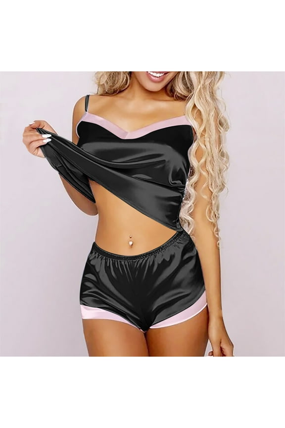 Women - Sleepwear Satin Silk Babydoll Lace Up Nightwear Pajamas Set