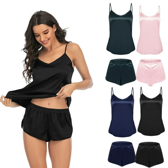 Women Sleepwear Sexy Lingerie Satin Pajamas Soft Nightwear Cami Shorts Suit