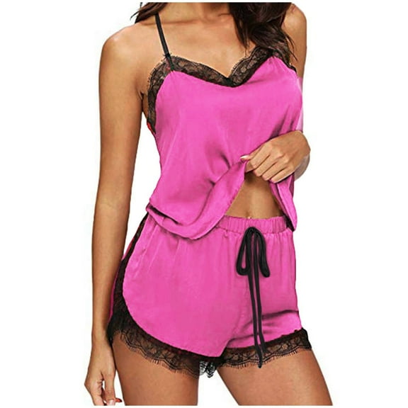 Women Sleepwear Sleeveless Strap Nightwear Lace Trim Satin Cami Top Pajama Sets
