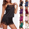 thumbnail image 1 of Women Sleepwear Sleeveless Strap Nightwear Lace Trim Satin Cami Tops with Shorts Pajamas Sets on Clearance Black,M, 1 of 5