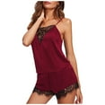 thumbnail image 1 of Women Sleepwear Sleeveless Strap Nightwear Lace Trim Satin Cami Tops with Shorts Pajamas Sets on Wine,XL, 1 of 1