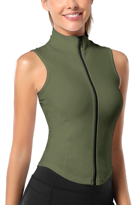 Women Sleeveless Athletic Tank Top Shirts Full Zip Up Tshirt for Yoga Running Fitness Exercise Green L