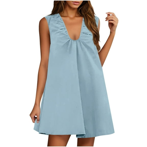 Women Sleeveless Babydoll Tank Mini Dress Scoop Neck Ruched Short Dresses 2025 Summer Party Vacation Dresses
