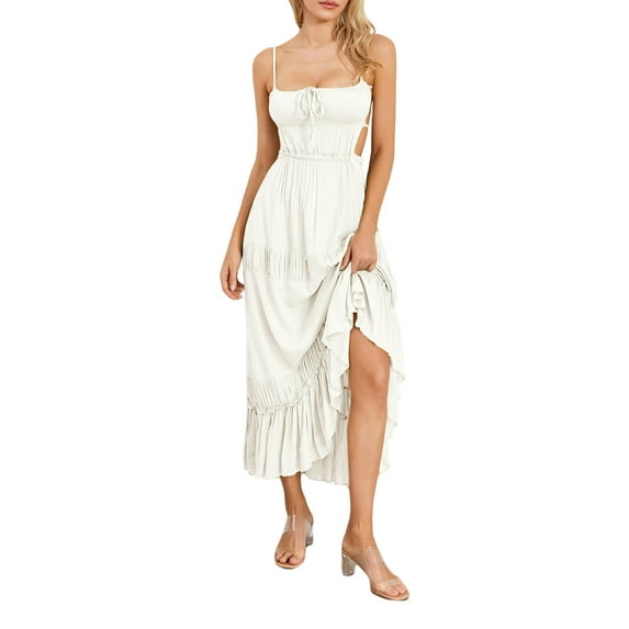 Women Sleeveless Beach Dress Ruffled Hem Summer Backless Party A-Line Dress
