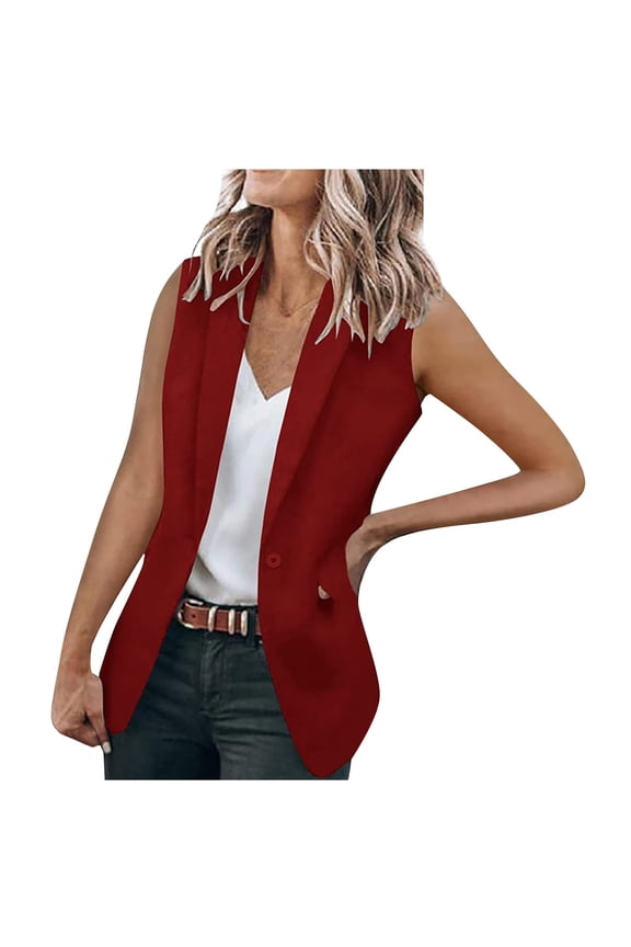 Women Sleeveless Blazer One Button Casual Cardigan Vest Sexy Fashion V-Neck Notched Suit Jacket Coat with Pockets Ladies