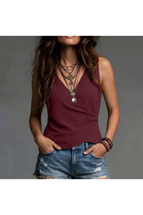 Women Sleeveless Blouse Summer V Neck Ruched Tops Cross Front Surplice Wrap Shirts Slim Fit Work Sleeveless Shirts Wrap Tank Tops Casual Dressy Vest Tops Cute Tops For Women