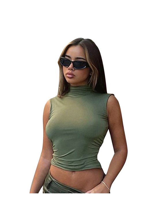 Women Sleeveless Bodycon Slim Fit Crop Top Turtleneck Plain Solid Color Cutout Backless Vest Navel T-Shirts