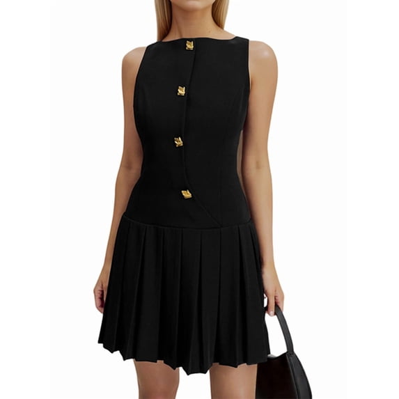 Women Sleeveless Business Work Office Mini Dress Sleeveless Button Formal Short Pleated Dress Black S