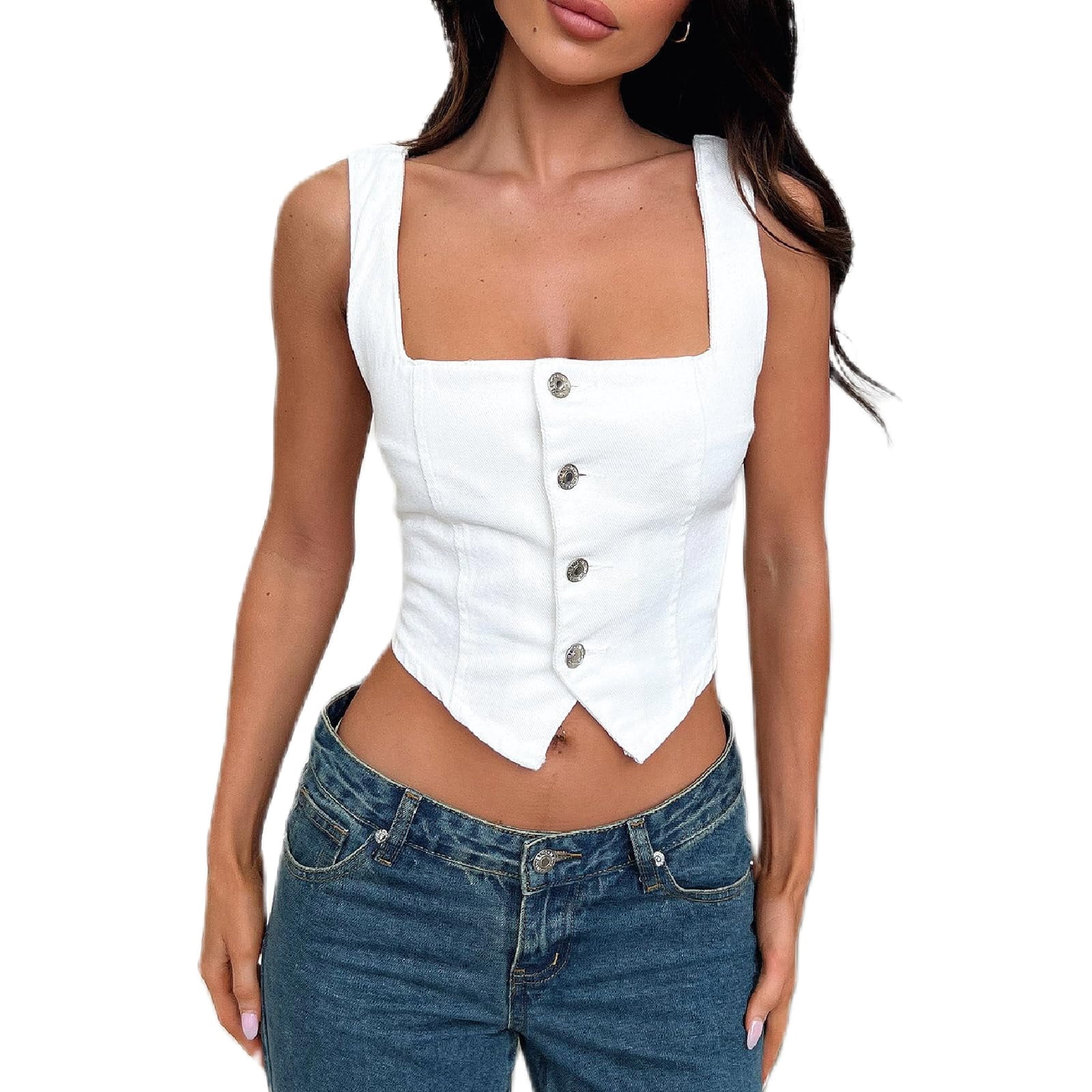 OYOANGLE Women's Tie Front Crop Denim Vest - Y2K Sleeveless Jean Tank Top, Medium Wash, Small