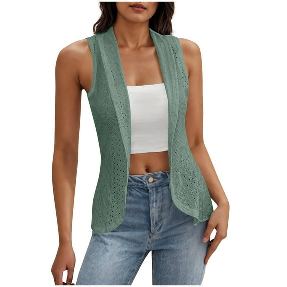 Women Sleeveless Cardigan, Lightweight Summer Hollow out Cropped Open Front Vests Button up Cardigan Green L