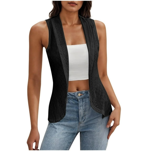 Women Sleeveless Cardigan, Lightweight Summer Hollow out Cropped Open Front Vests Plus Size Cardigan Black XS