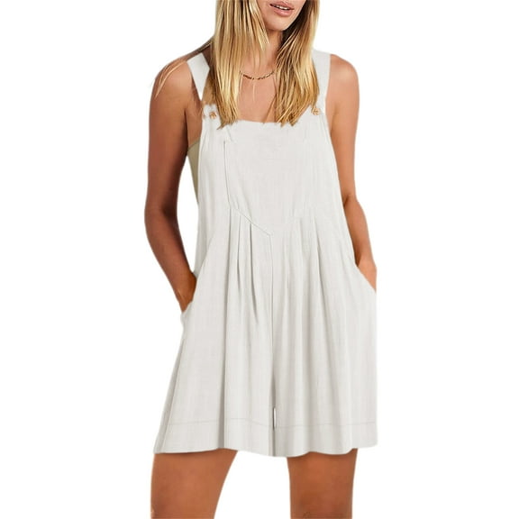 Women Sleeveless Casual Jumpsuits Wide Leg Short Overalls Loose Adjustable Bib Rompers with Pockets