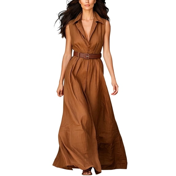 Women Sleeveless Collared Shirt Maxi Dress, Button Front Waist Belted Wrap Long Dress, Solid Color Slim Fit Casual Commuter Sundress Brown XXL(XXL)