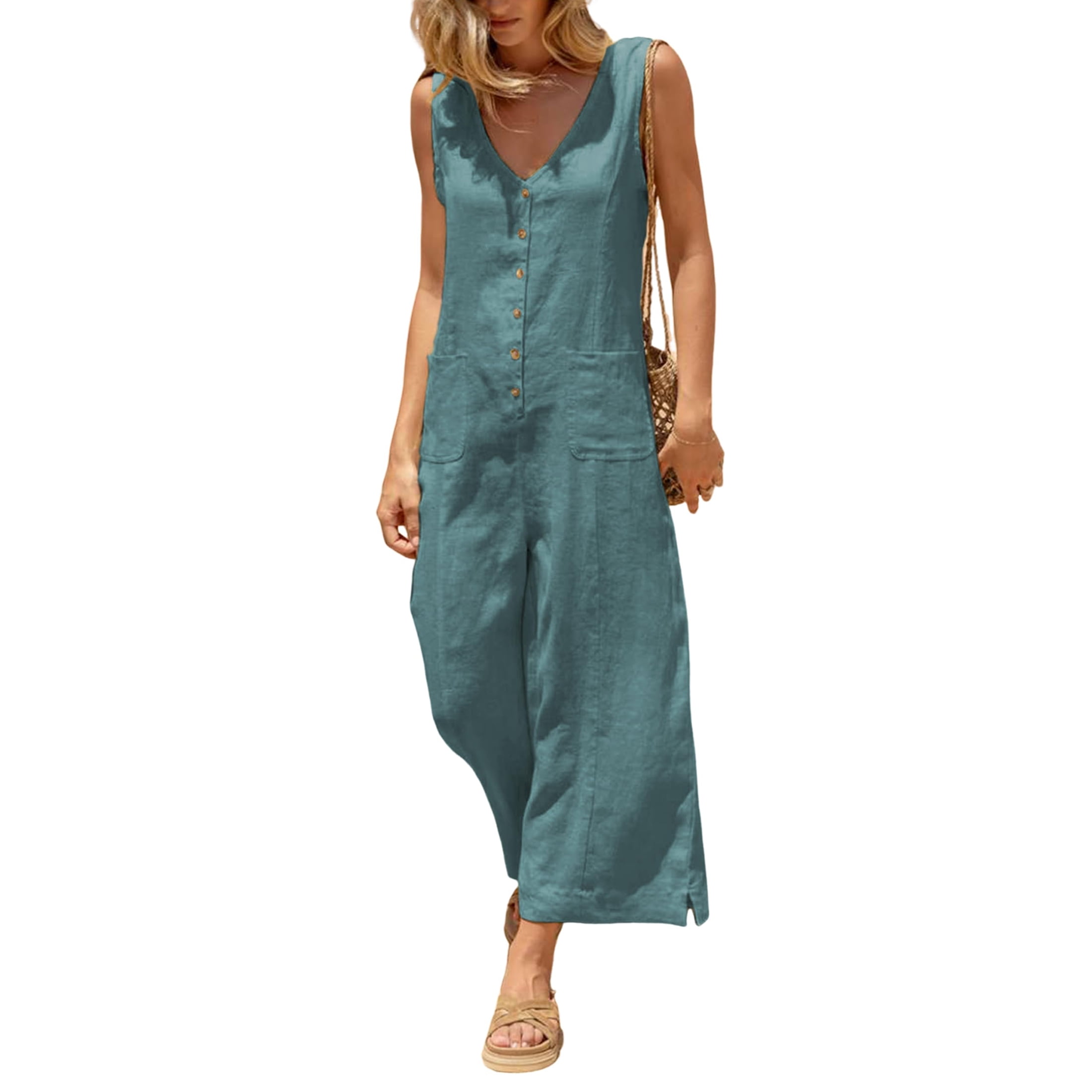 Women Sleeveless Cotton Linen Button Down Jumpsuits Casual Wide Legs ...