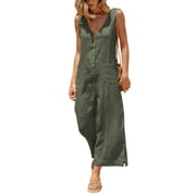 Women Sleeveless Cotton Linen Button Down Jumpsuits Casual Wide Legs Rompers Loose Overall