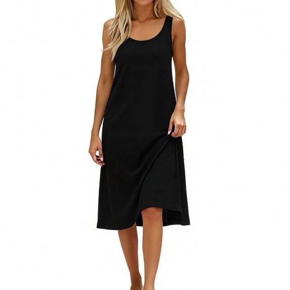 Women Sleeveless Crew Neck Tank Dress Casual Relaxed Fit Midi Length Home Loungewear Basic Solid Layering Dress Black M