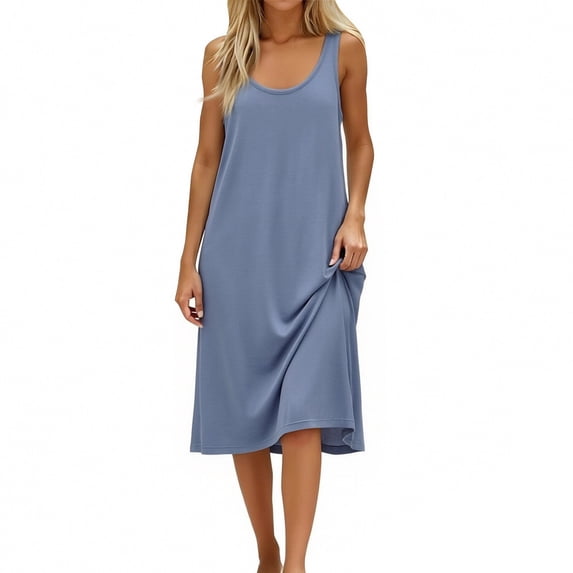 Women Sleeveless Crew Neck Tank Dress Casual Relaxed Fit Midi Length Home Loungewear Basic Solid Layering Dress Light Blue M