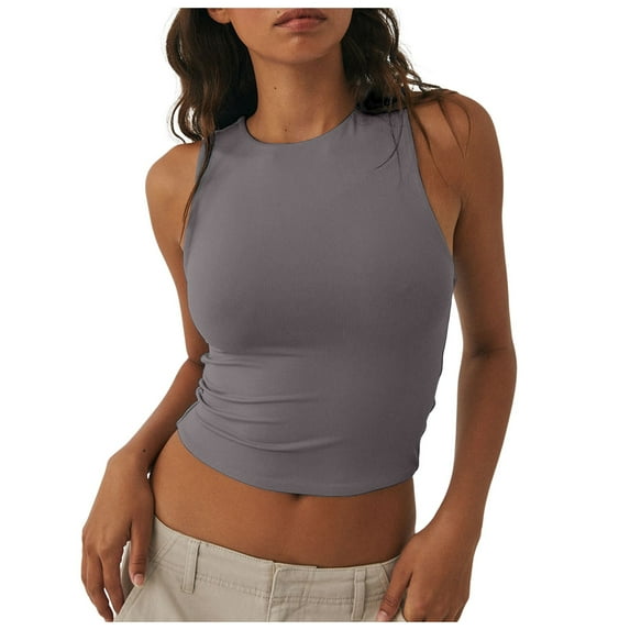 Women Sleeveless Crewneck Cropped Tank Top Nylon Spandex Summer Casual Basic Teen Girls Going Out Top