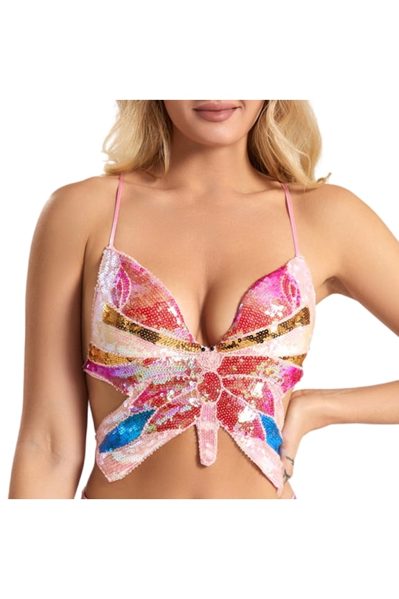 Women Sleeveless Crisscross Backless Se-- Camisole Sparkly Butterfly Sequins Strappy Bras Crop Top Festival Party Outfit