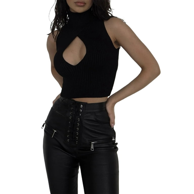 CYMMPU Workout Crop Tank Shirts for Women Back Cut Out Tie Knot Summer  Sleeveless Slim Fit Tank Tops Solid Crewneck Vest Top Black 