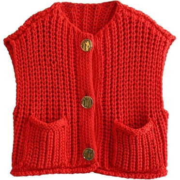 Women Sleeveless Cropped Knit Cardigan Vest Casual Winter Warm Button Down Chunky Sweater Vest Tops with Pockets