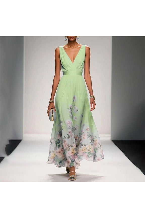 Women Sleeveless Deep V Neck Ruched Waist Floral Print Chiffon Maxi Dress Flowy A Line Spring Summer Beach Wedding Guest Vacation Long Dress 01-Light Green XXL