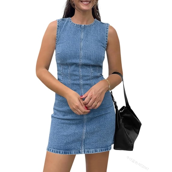 Women Sleeveless Denim Mini Dress Bodycon Round Neck Casual Short Dress
