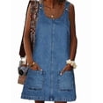 thumbnail image 1 of Women Sleeveless Denim Overall Dress Adjustable Strap Pockets Casual A‑Line Mini Dress, 1 of 6