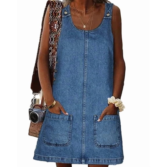 Women Sleeveless Denim Overall Dress Adjustable Strap Pockets Casual A‑Line Mini Dress